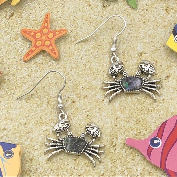 🌼 Crab Abalone Shell Inlay Silver Dangle Earrings - Picture 1 of 4